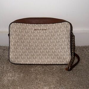 Michael Kors Beige Logo and Brown Trim Crossbody Messenger